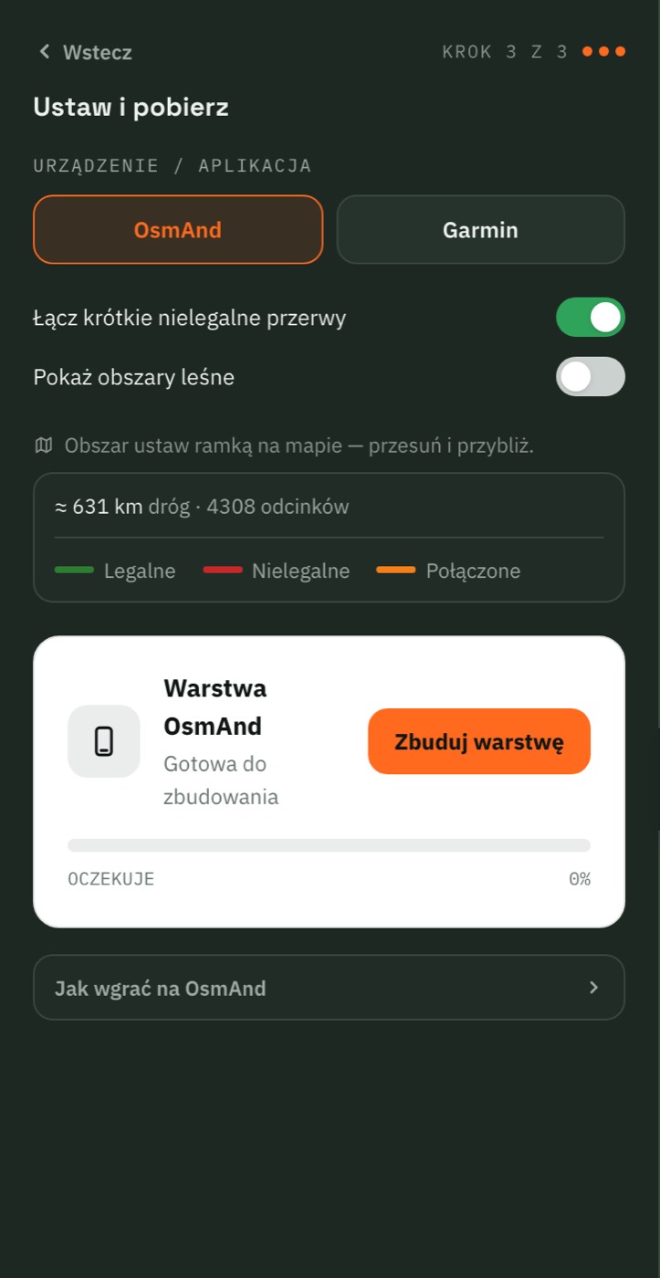 Krok 3 mapy offline: wybór OsmAnd / Garmin, przełączniki, liczba dróg w ramce i przycisk Zbuduj warstwę.