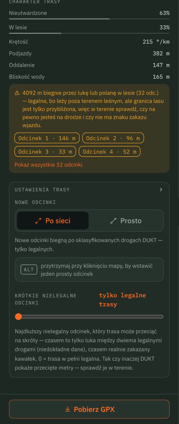 Sekcja USTAWIENIA TRASY z przełącznikiem NOWE ODCINKI: Po sieci / Prosto.